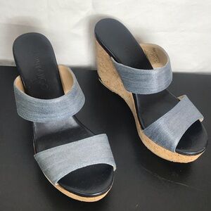 Jimmy Choo Women’s Blue Parker Mettalic Denim and Cork Mules Wedge Shoes 9.5